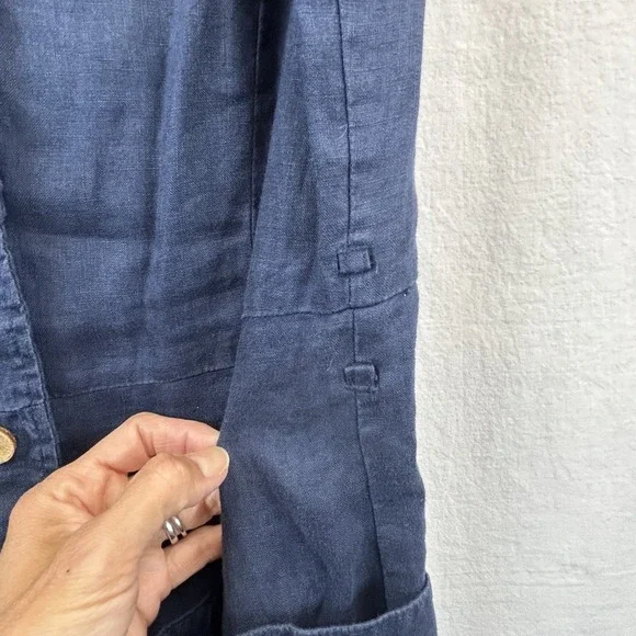 MNG Mango Navy Blue 100% Linen Shirt Dress Sleeveless Brown Button Up - Picture 9 of 9